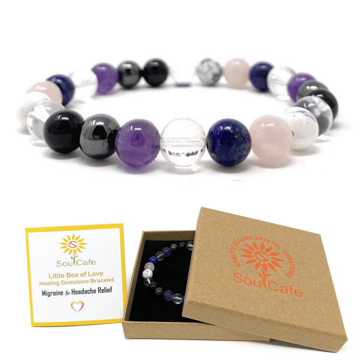 Migraine Crystal Gemstone Stretch Bead Bracelet to give Holistic Support - Soul Cafe Gift Box & Information Tag