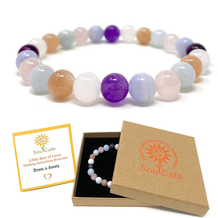 Stress and Anxiety Crystal Gemstone Stretch Bead Bracelet for Holistic Support - Soul Cafe Gift Box & Tag