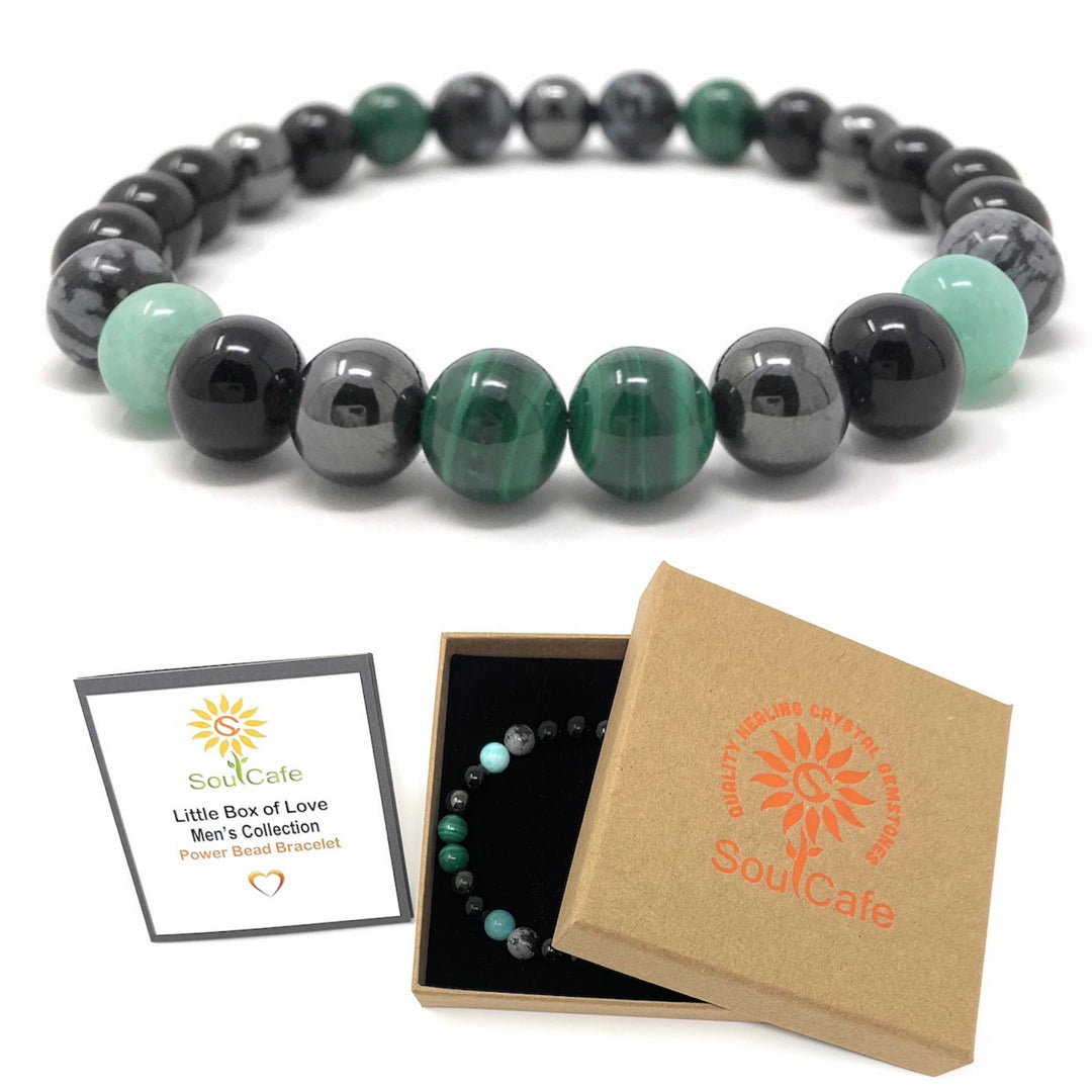 Men's Crystal Power Bead Bracelet - Black Tourmaline, Malachite, Amazonite, Hematite, Snowflake Obsidian- Soul Cafe Gift Box & Tag