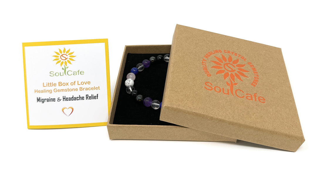 Migraine Crystal Gemstone Stretch Bead Bracelet to give Holistic Support - Soul Cafe Gift Box & Information Tag