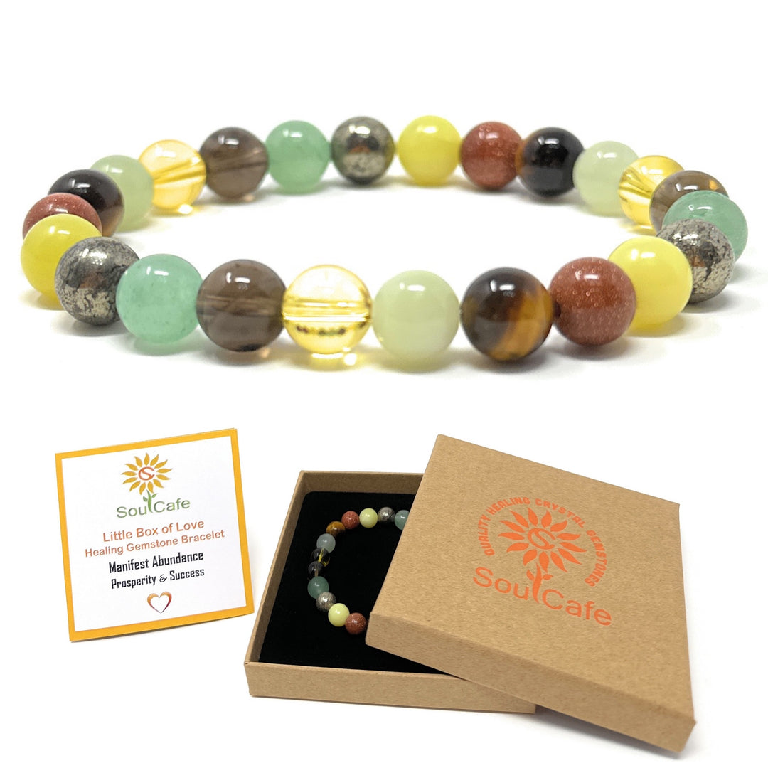 Manifesting Abundance Crystal Gemstone Stretch Bead Bracelet for Holistic Support - Prosperity Bracelet - Soul Cafe Gift Box & Tag