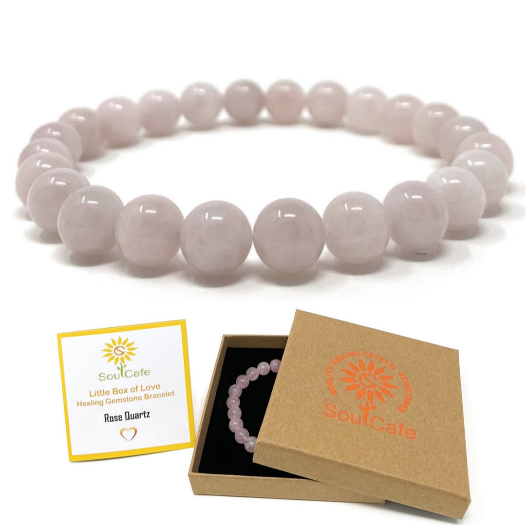 Rose Quartz Pale Pink Crystal Gemstone Bead Bracelet - Soul Cafe Gift Box & Tag