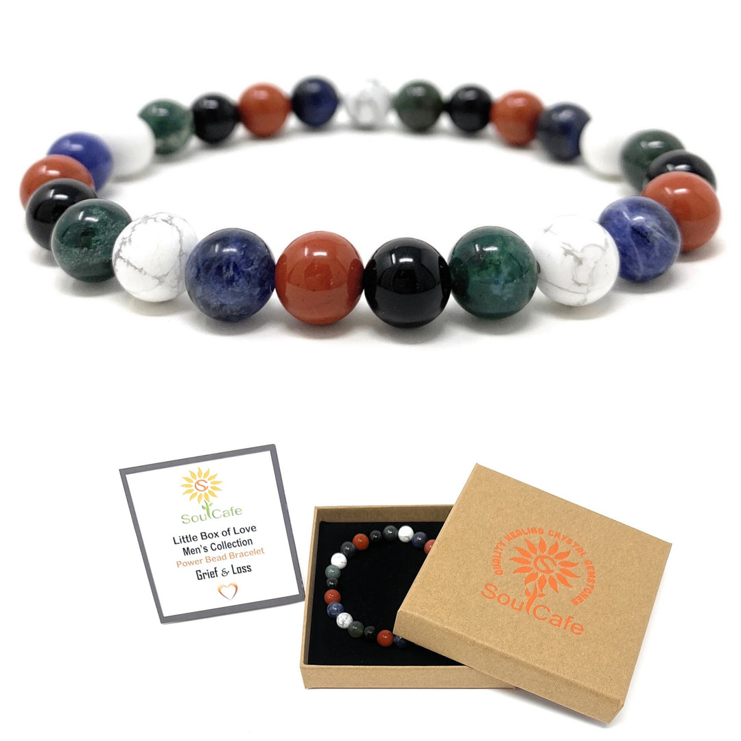 Men's Grief and Loss Crystal Gemstone Stretch Bead Bracelet - SoulCafe Gift Box & Tag