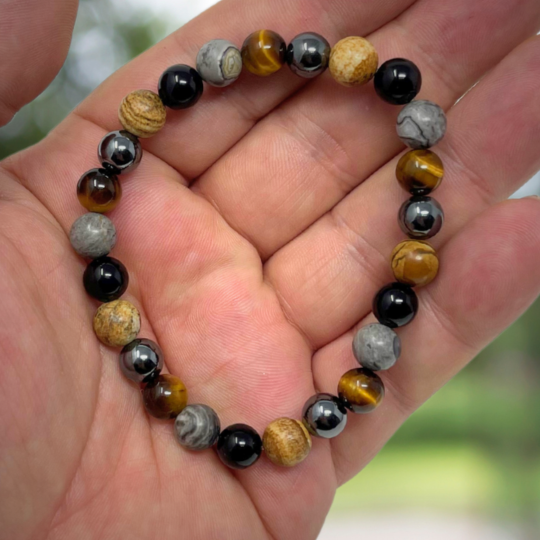 Men's Crystal Gemstone Bead Bracelet - Grey Crazy Lace Agate, Tigers Eye, Picture Jasper, Hematite, Black Tourmaline - Gift Box & Tag - S/M/L/XL