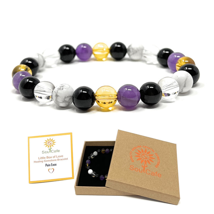 Crystal Gemstone Stretch Bead Bracelet for Holistic Pain Support - Includes Soul Cafe Gift Box and Information Tag