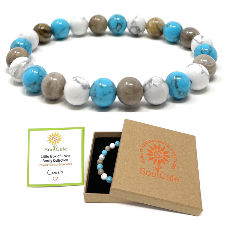 Gift for Cousin - Stretch Bead Crystal Gemstone Bracelet - Soul Cafe Gift Box & Tag