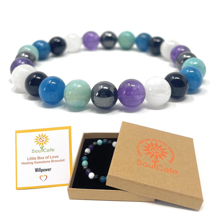 Quality Stretch Crystal Gemstone Bead Bracelet to Holistically Support Willpower - Soul Cafe Gift Box and Tag