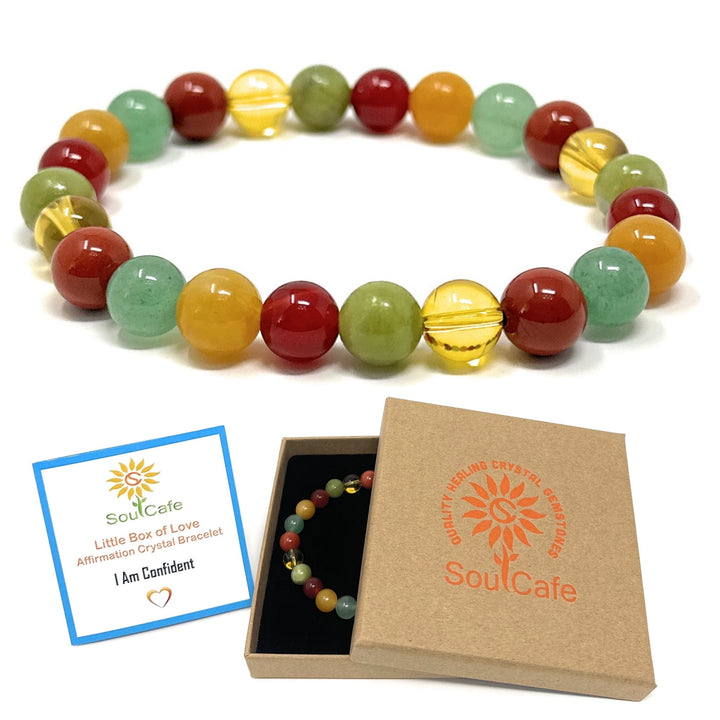 I Am Confident - Affirmation Crystal Gemstone Bead Bracelet - Law of Attraction Crystals - SoulCafe Gift Box and Tag -  S/M/L/XL