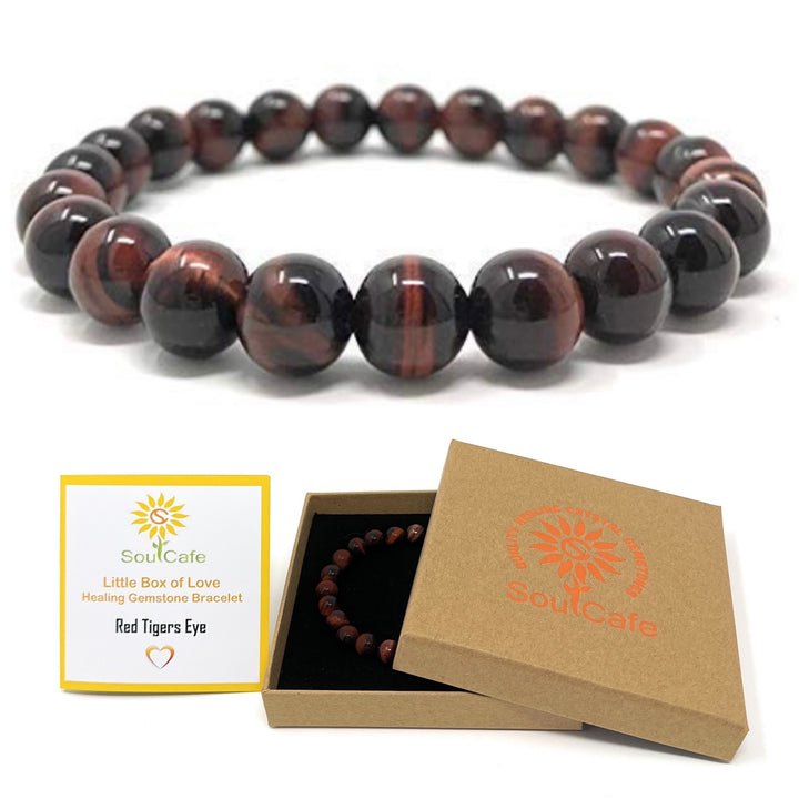 Red Tigers Eye Crystal Gemstone Bead Bracelet - Soul Cafe Gift Box & Tag