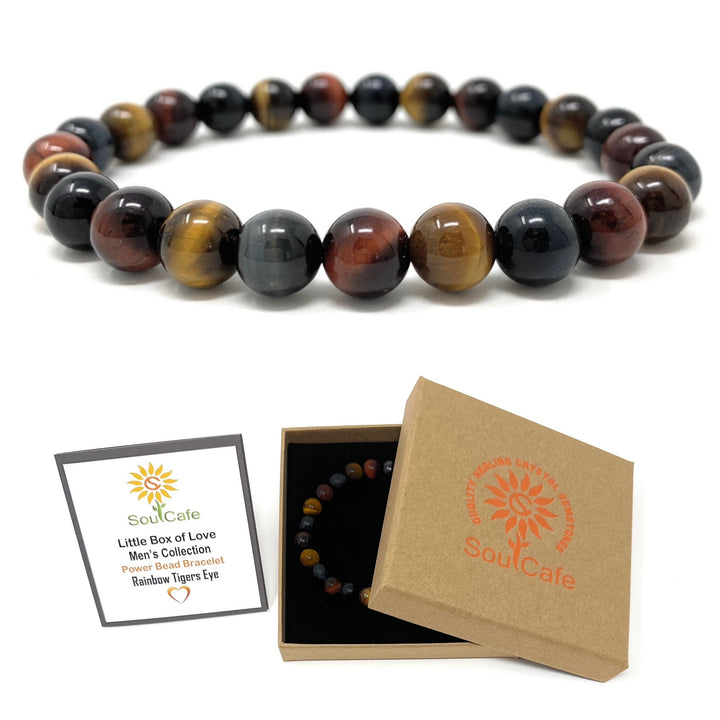 Men's Rainbow Tigers Eye Stretch Power Bead Bracelet - Soul Cafe Gift Box & Tag
