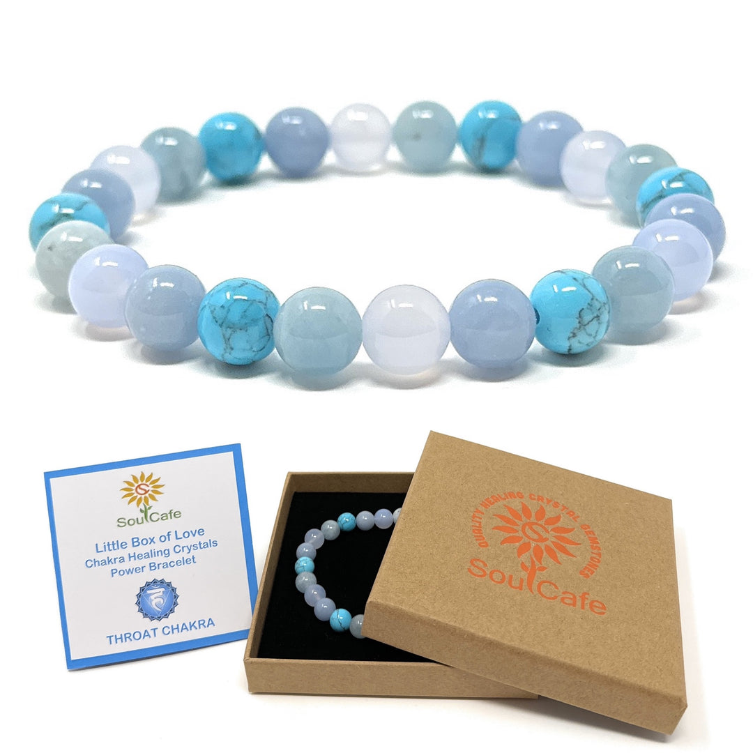 Throat Chakra stretch Crystal Gemstone Bracelet - Aquamarine, Angelite, Turquoise, Blue Lace Agate - Gift Box & Tag