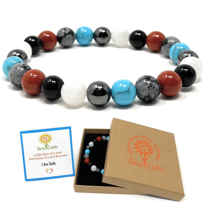 I Am Safe - Affirmation Crystal Gemstone Bead Bracelet - Law of Attraction Crystals - SoulCafe Gift Box and Tag -  S/M/L/XL