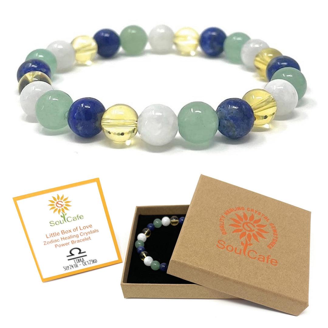 Libra Crystal Bracelet - Zodiac Birthstones - Power Bead Bracelet - Soul Cafe Gift Box & Libra Tag