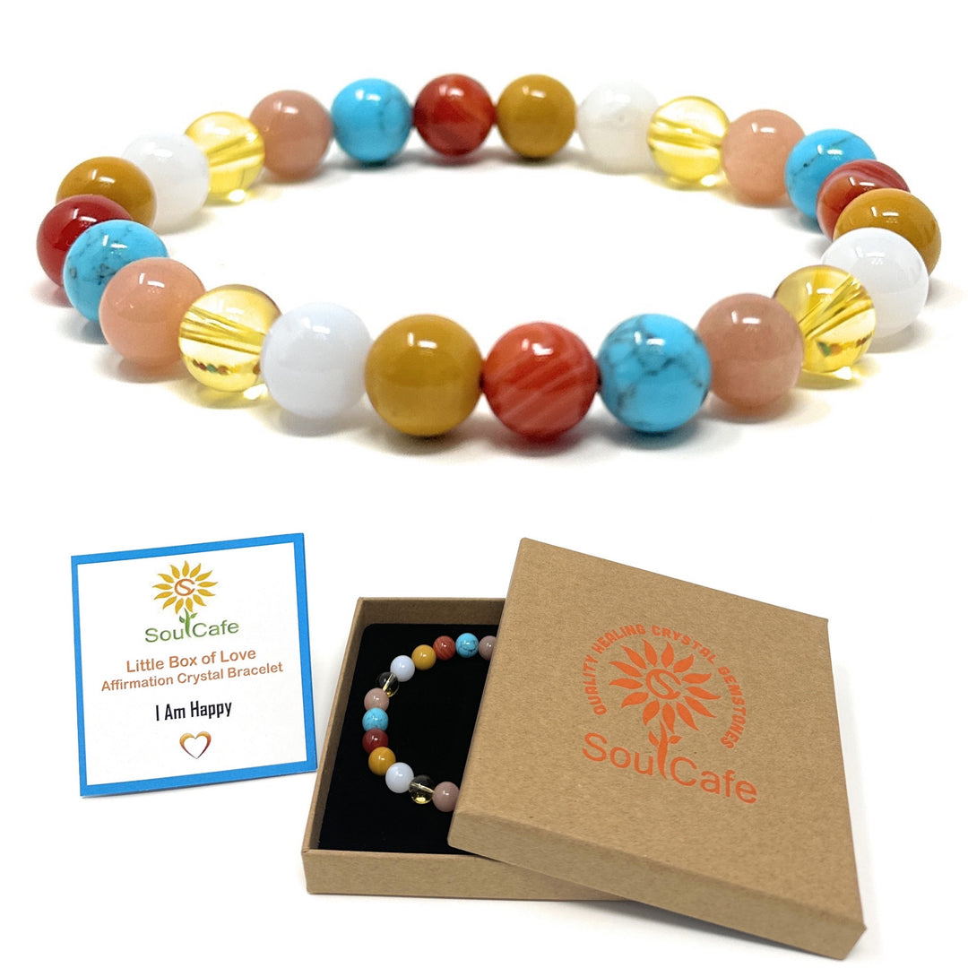 I Am Happy - Affirmation Crystal Gemstone Bead Bracelet - Law of Attraction Crystals - SoulCafe Gift Box and Tag -  S/M/L/XL