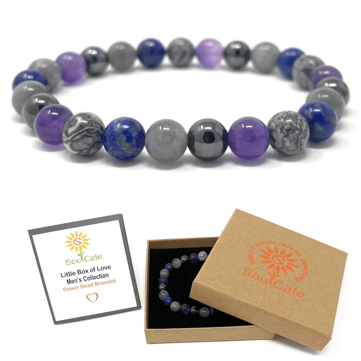 Men's Power Bead Bracelet - Amethyst, Labradorite, Lapis Lazuli, Magnetic Hematite, Grey Crazy Agate - Soul Cafe Gift Box & Tag