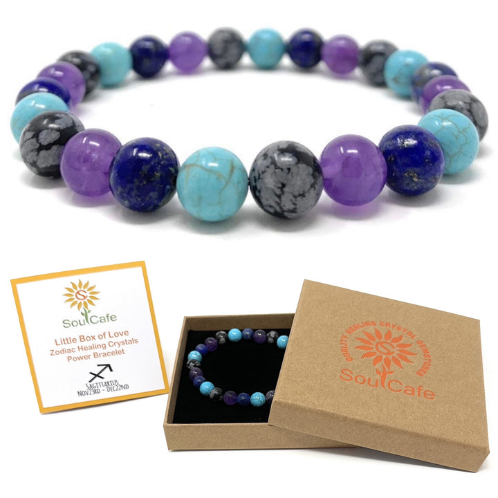 Sagittarius Crystal Bracelet - Power Bracelet - Zodiac Birthstones - Gift Box & Tag - Lapis Lazuli, Turquoise, Snowflake Obsidian, Amethyst