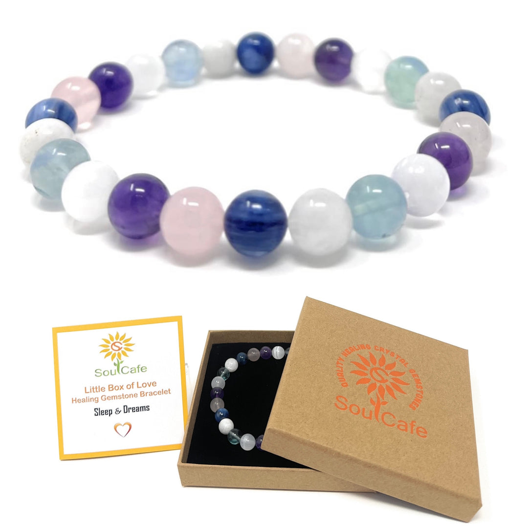 Sleep and Dream Crystal Gemstone Stretch Bead Bracelet - Soul Cafe Gift Box and Tag