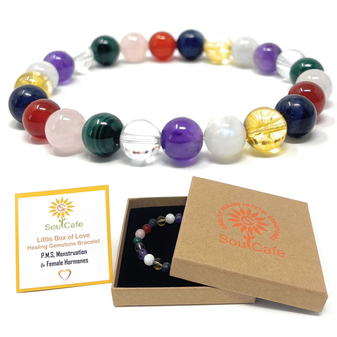 Crystal Gemstone Bead Bracelet for Holistic Support with PMS - Soul Cafe Gift Box and Tag