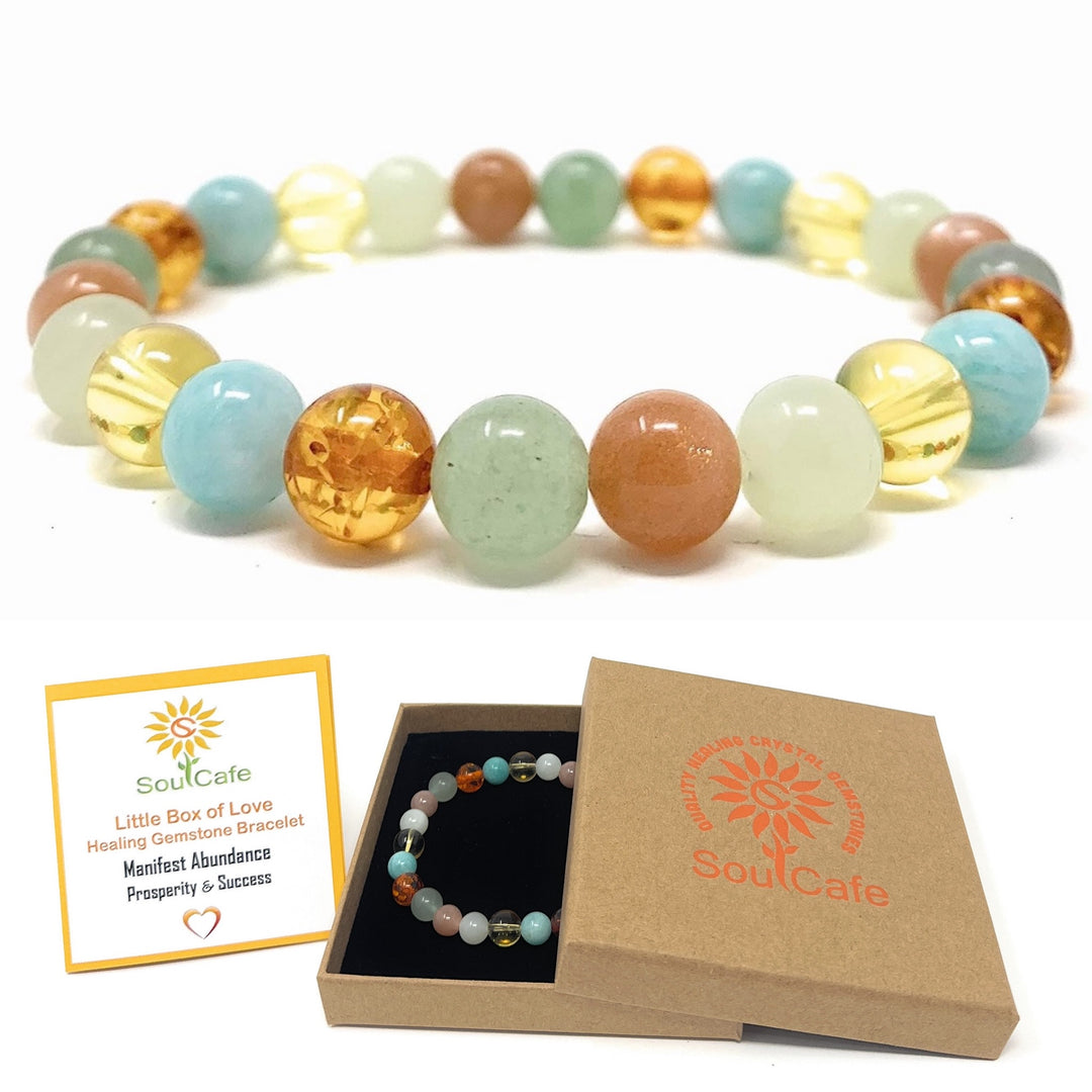 Crystal Gemstone Stretch Bracelet to give Holistic Support Manifesting Abundance - Soul Cafe Gift Box & Information Tag