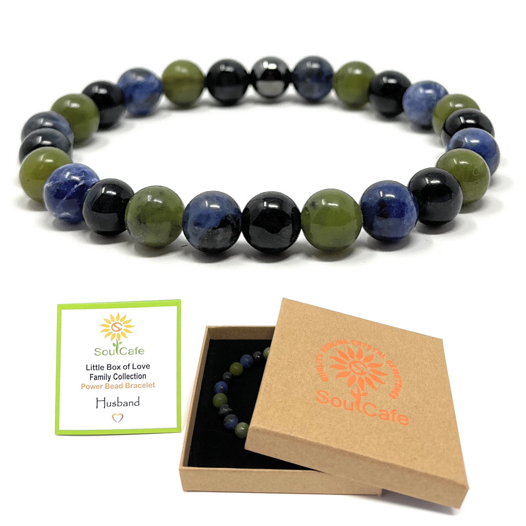 Gift Husband - Stretch Bead Crystal Gemstone Bracelet - Soul Cafe Gift Box & Tag