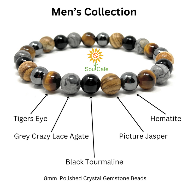 Men's Crystal Gemstone Bead Bracelet - Grey Crazy Lace Agate, Tigers Eye, Picture Jasper, Hematite, Black Tourmaline - Gift Box & Tag - S/M/L/XL