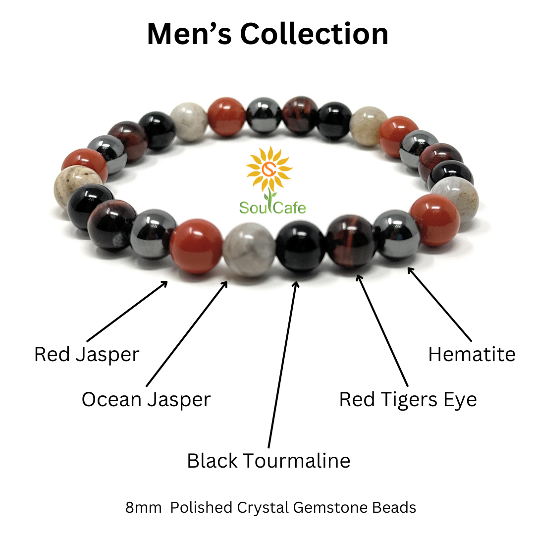 Men's Crystal Gemstone Bead Bracelet - Ocean Jasper, Red Jasper, Red Tigers Eye, Hematite, Black Tourmaline - Gift Box & Tag - S/M/L/XL