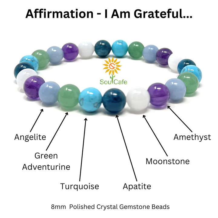 I Am Grateful - Affirmation Crystal Gemstone Bead Bracelet - Law of Attraction Crystals - SoulCafe Gift Box and Tag -  S/M/L/XL