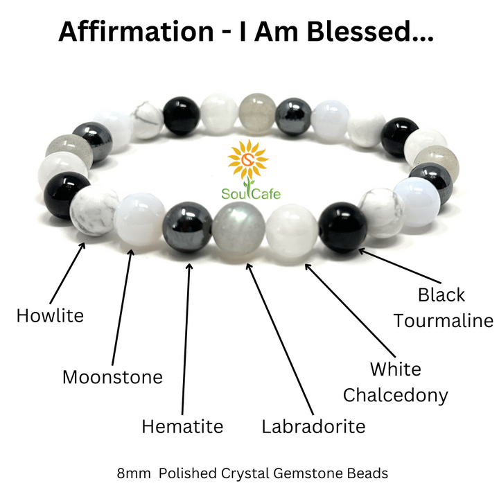 I Am Blessed - Affirmation Crystal Gemstone Bead Bracelet - Law of Attraction Crystals - SoulCafe Gift Box and Tag -  S/M/L/XL