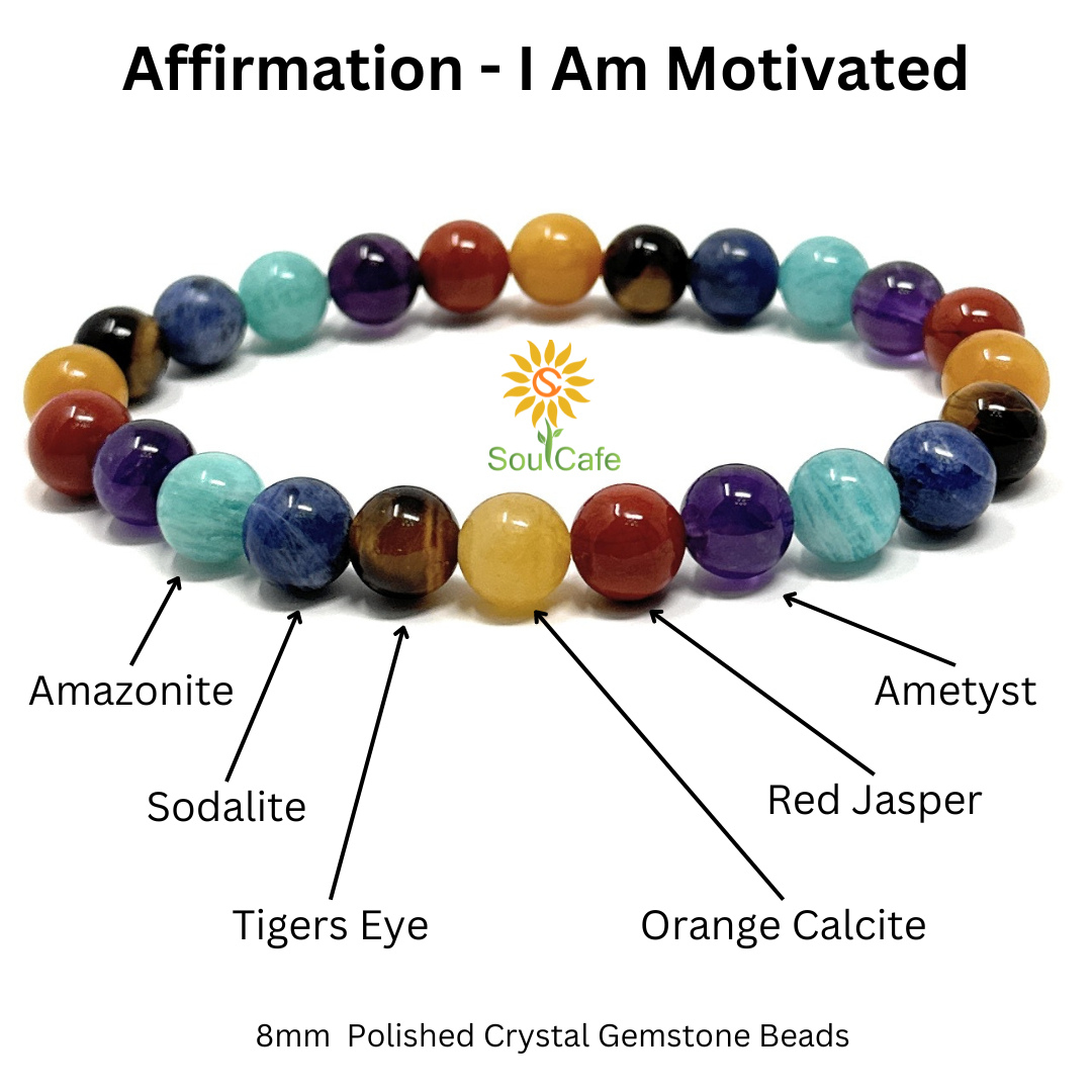 I Am Motivated - Affirmation Crystal Gemstone Bead Bracelet - Law of Attraction Crystals - SoulCafe Gift Box and Tag -  S/M/L/XL