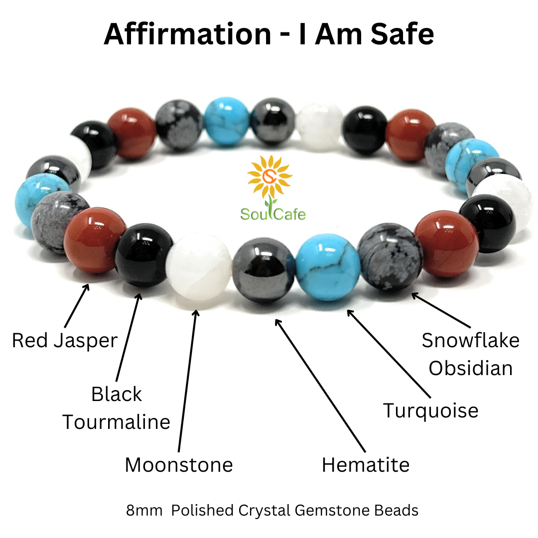I Am Safe - Affirmation Crystal Gemstone Bead Bracelet - Law of Attraction Crystals - SoulCafe Gift Box and Tag -  S/M/L/XL