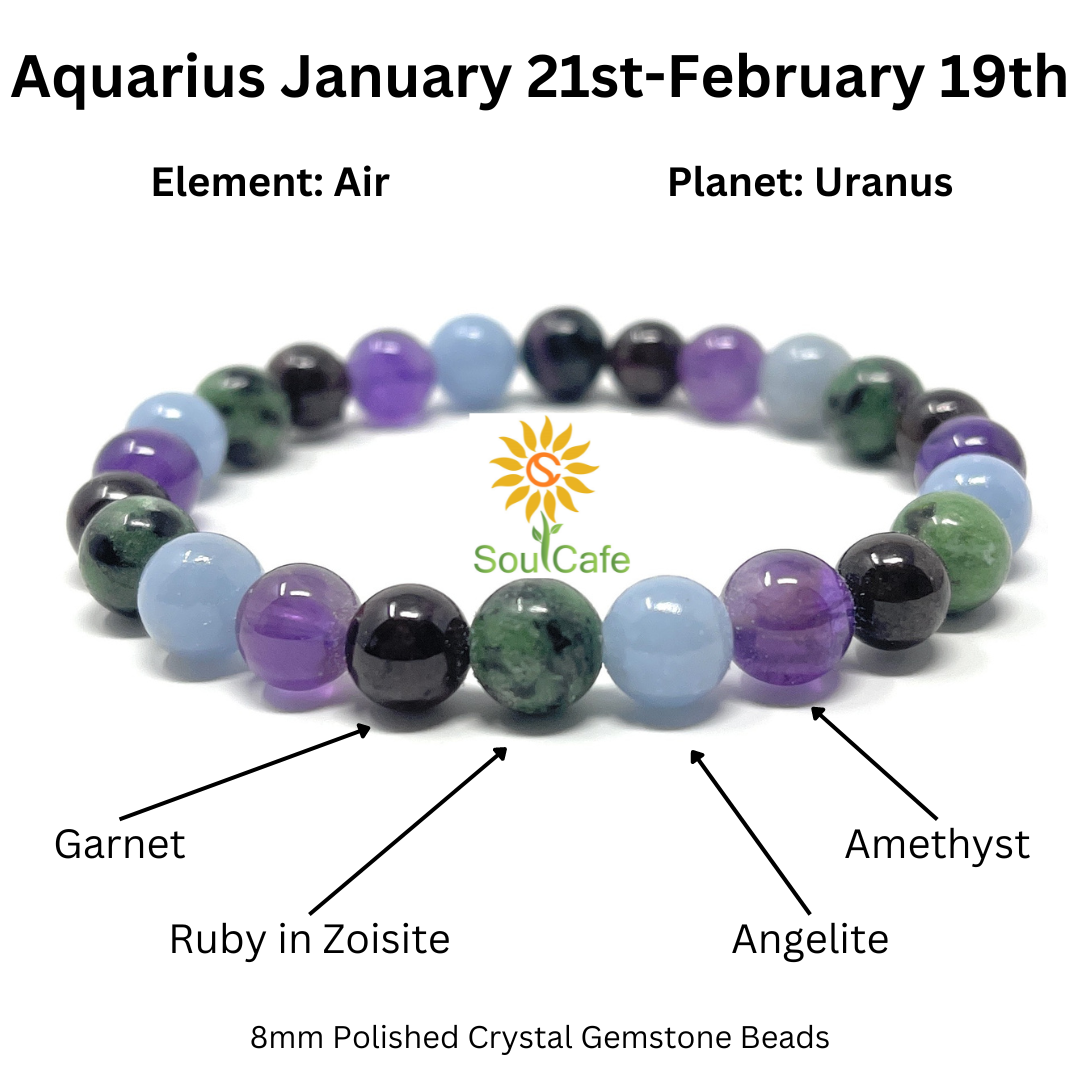 Aquarius Crystal Bracelet - Power Bracelet - Zodiac Birthstones - Gift Box & Aquarius Tag - Garnet, Angelite, Amethyst, Ruby in Zoisite