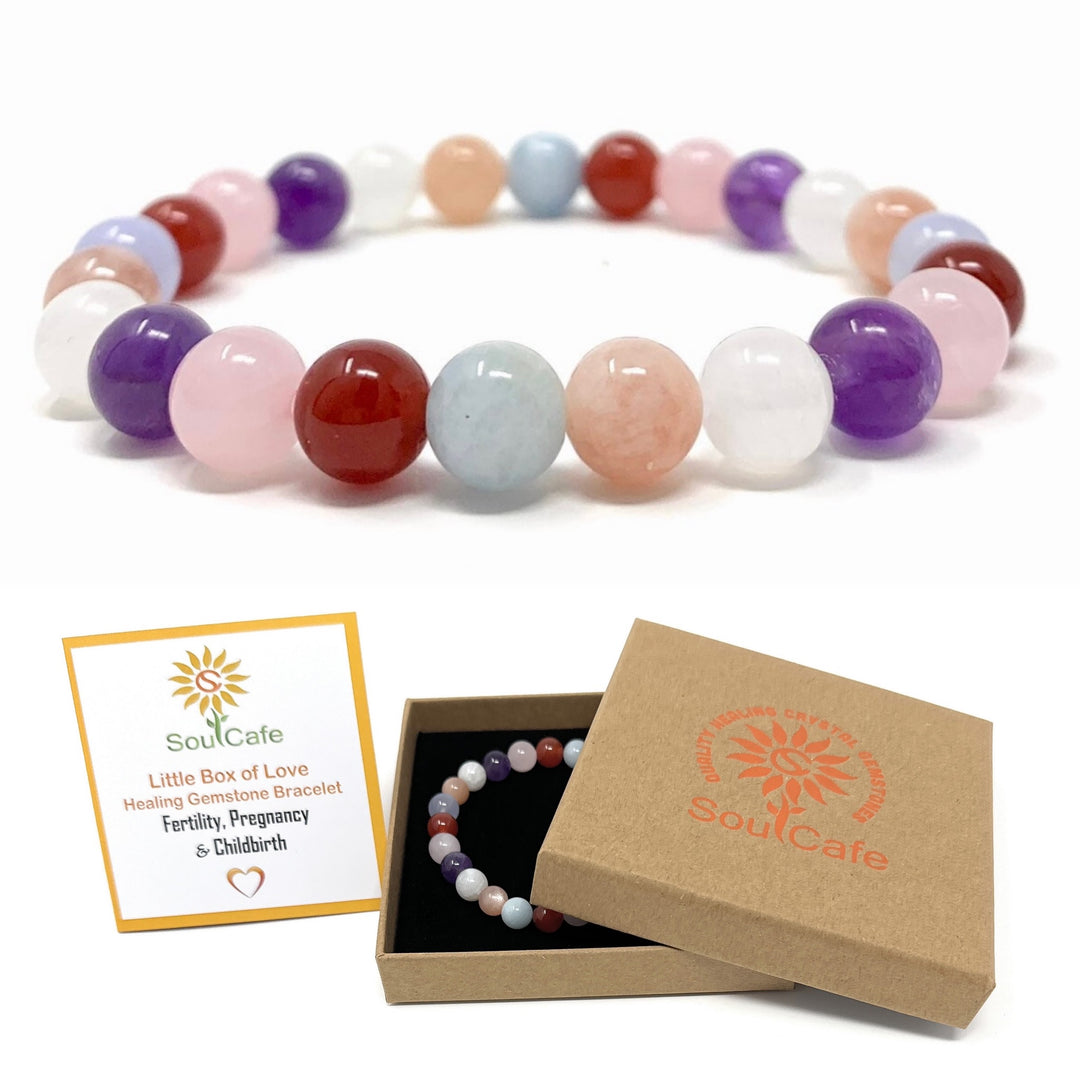 Fertility, Pregnancy & Childbirth Crystal Gemstone Stretch Bead Bracelet - Soul Cafe Gift Box and Tag