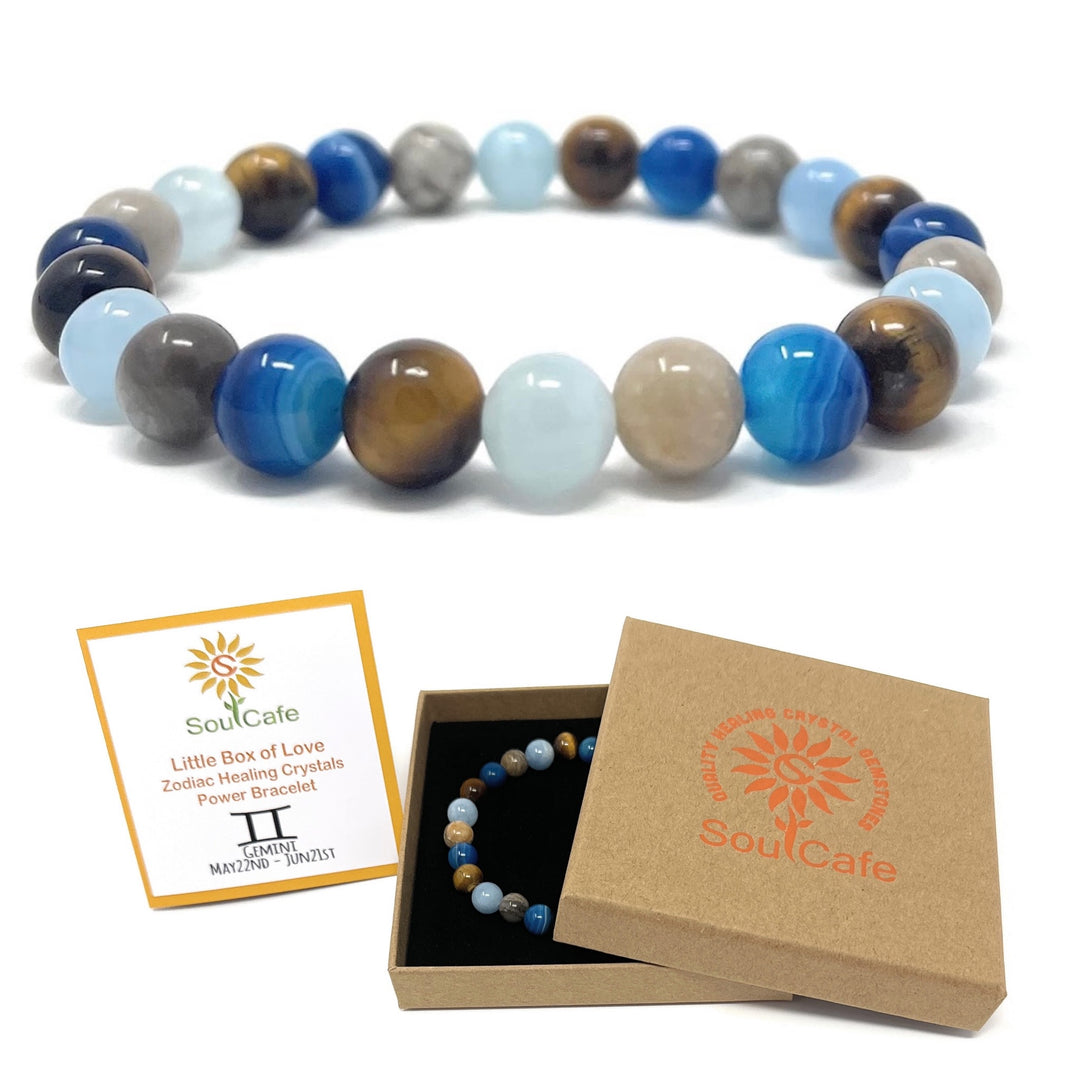 Gemini Crystal Gemstone Stretch Zodiac Bracelet- Soul Cafe Gift Box and Gemini Tag
