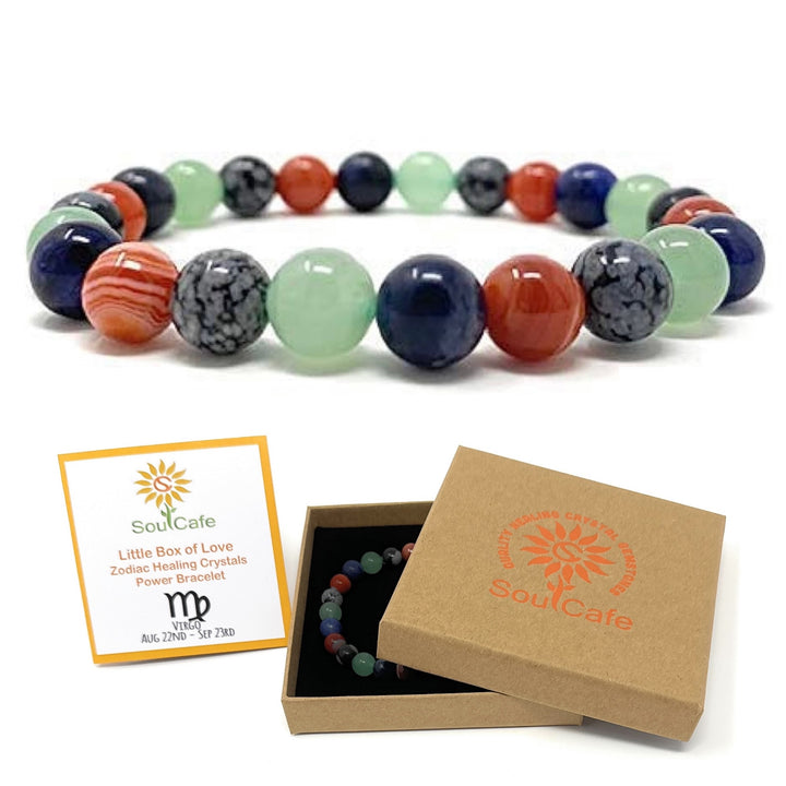 Virgo Crystal Bracelet - Power Bracelet - Zodiac Birthstones - Gift Box & Virgo Tag - Sardonyx, Aventurine, Snowflake Obsidian, Sodalite