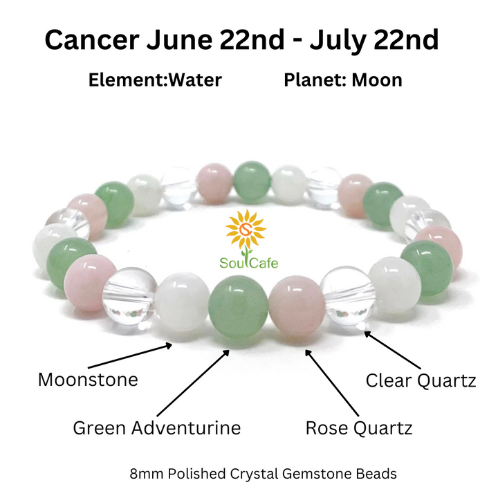 Cancer Zodiac Crystal Gemstone Stretch Bead Bracelet -  Soul Cafe Gift Box & Tag - Moonstone, Rose Quartz, Aventurine, Clear Quartz