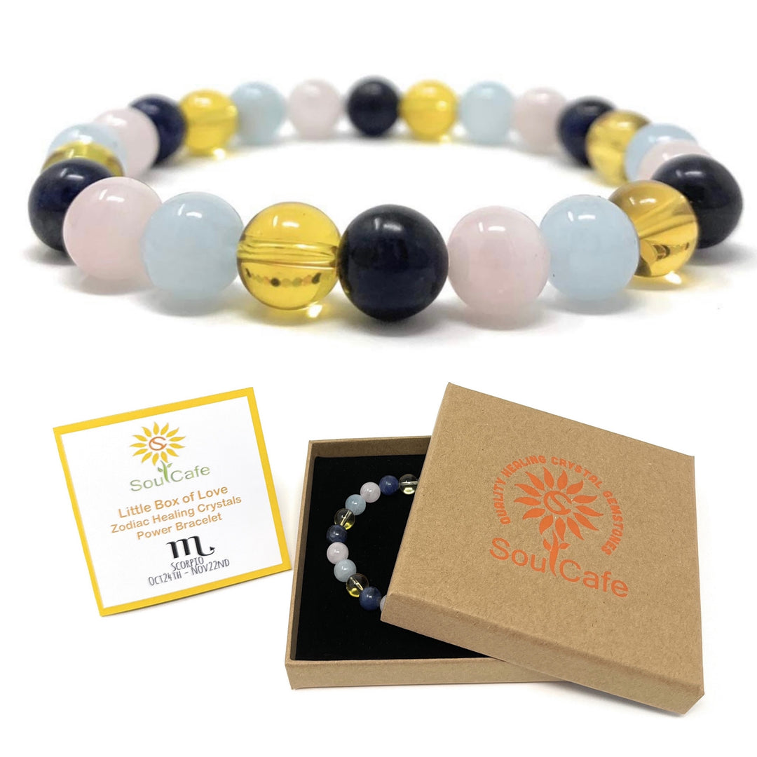 Scorpio Crystal Bracelet - Power Bracelet - Zodiac Birthstones - Gift Box & Scorpio Tag - Citrine, Sodalite, Rose Quartz, Aquamarine