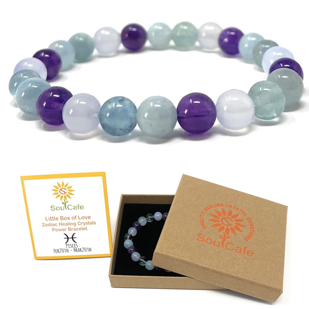 Pisces Crystal Bracelet - Power Bracelet - Zodiac Birthstones - Gift Box & Pisces Tag - Aquamarine, Blue Lace Agate, Fluorite, Amethyst