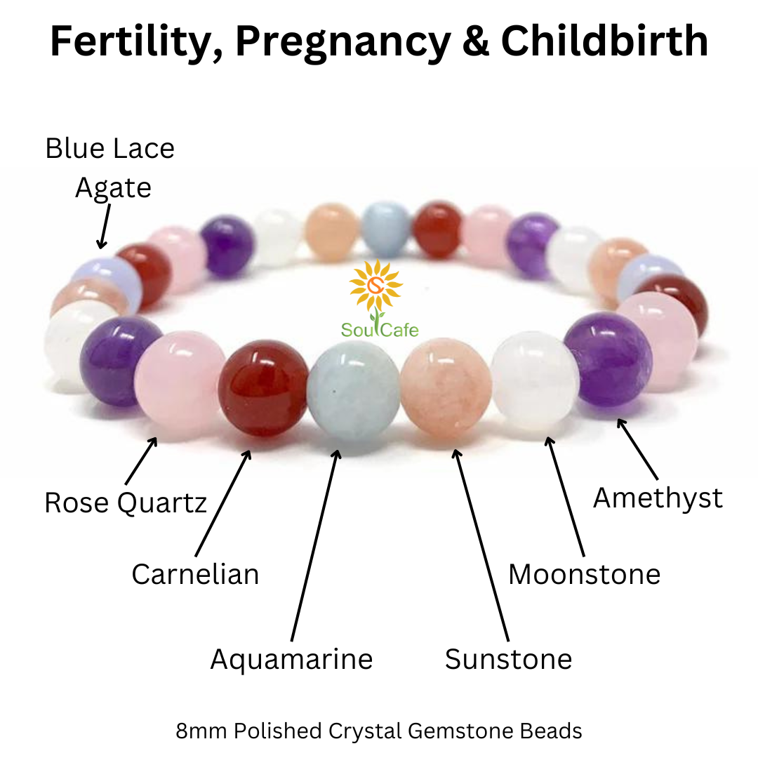 Fertility, Pregnancy & Childbirth Crystal Gemstone Stretch Bead Bracelet - Soul Cafe Gift Box and Tag