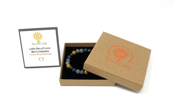 Men's Power Bead Bracelet - Labradorite, Lapis Lazuli, Yellow Jasper, Snowflake Obsidian, Hematite - Soul Cafe Gift Box & Tag