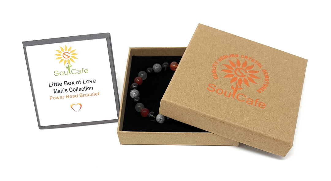 Men's Power Bead Bracelet - Stretch Healing Gemstone Bracelet - Soul Cafe Gift Box and Tag