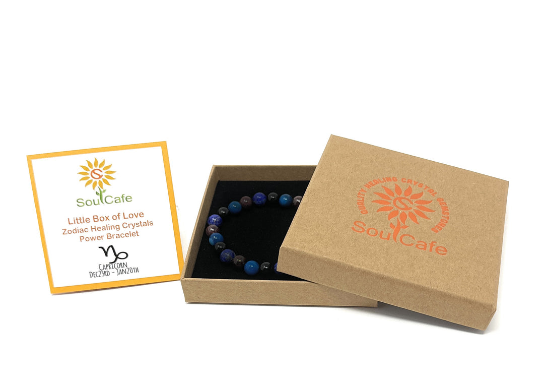 Capricorn Crystal Bracelet - Power Bracelet - Zodiac Birthstones - Gift Box & Capricorn Tag - Garnet, Blue Agate, Onyx, Lapis Lazuli