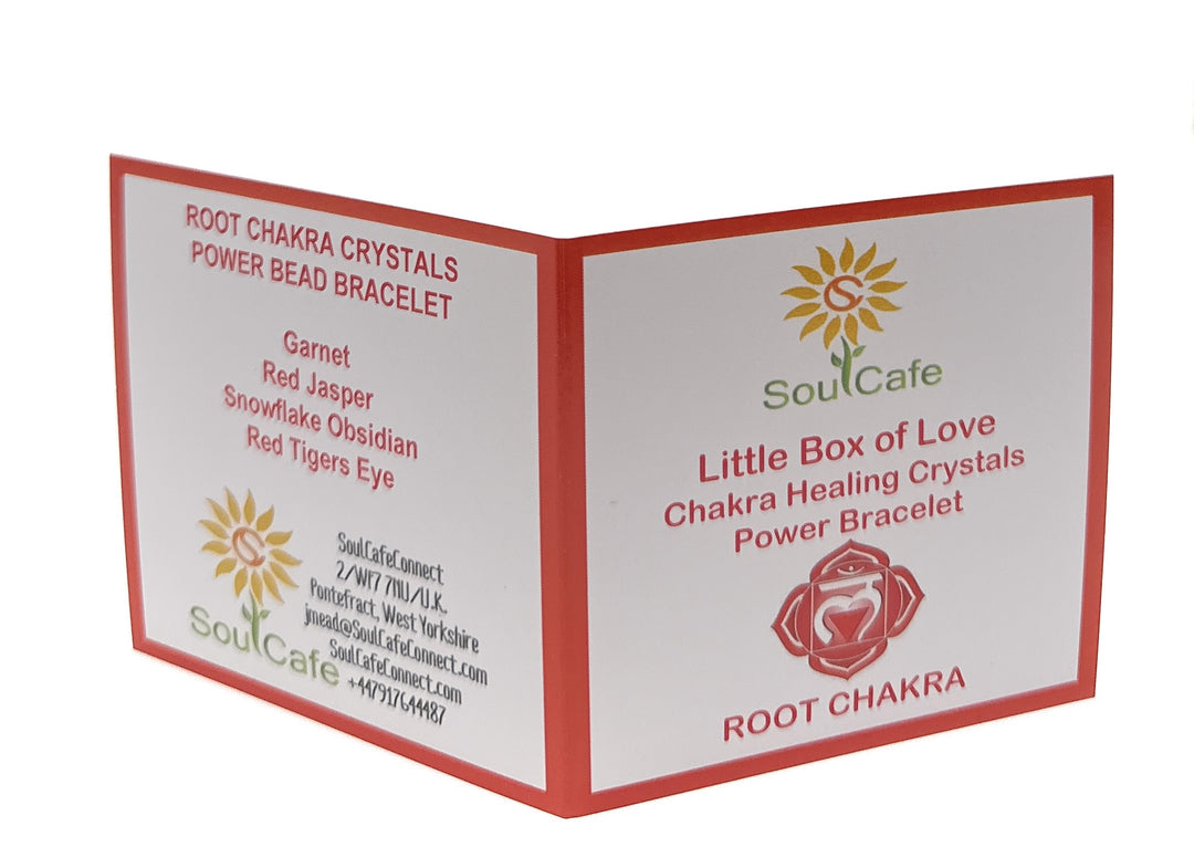 Root Chakra Bracelet - Power Bead Bracelet - Red Jasper, Garnet, Red Tigers Eye, Snowflake Obsidian - Box & Tag