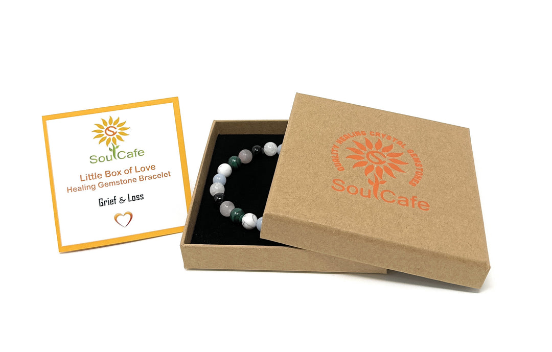 Grief and Loss Crystal Gemstone Stretch Bracelet - Soul Cafe Gift Box and Tag