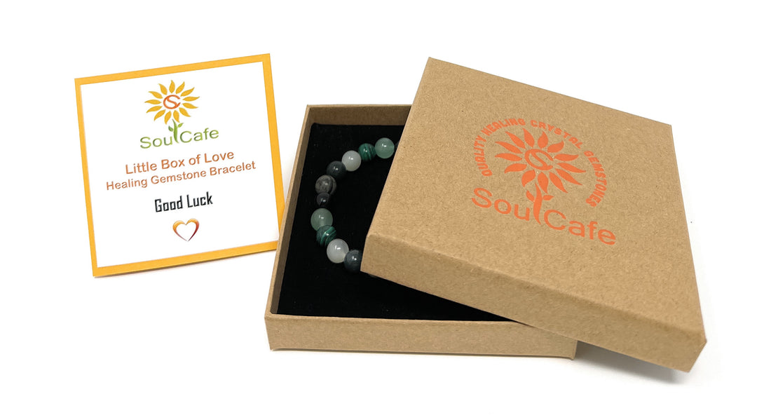 Good Luck Crystal Gemstone Stretch Bead Bracelet - Soul Cafe Gift Box and Tag