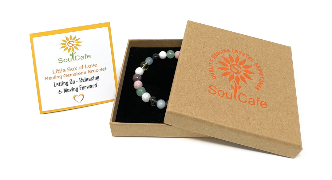 Crystal Gemstone Stretch Bead Bracelet  - Crystals for Letting go of Past - Soul Cafe Gift Box & Tag