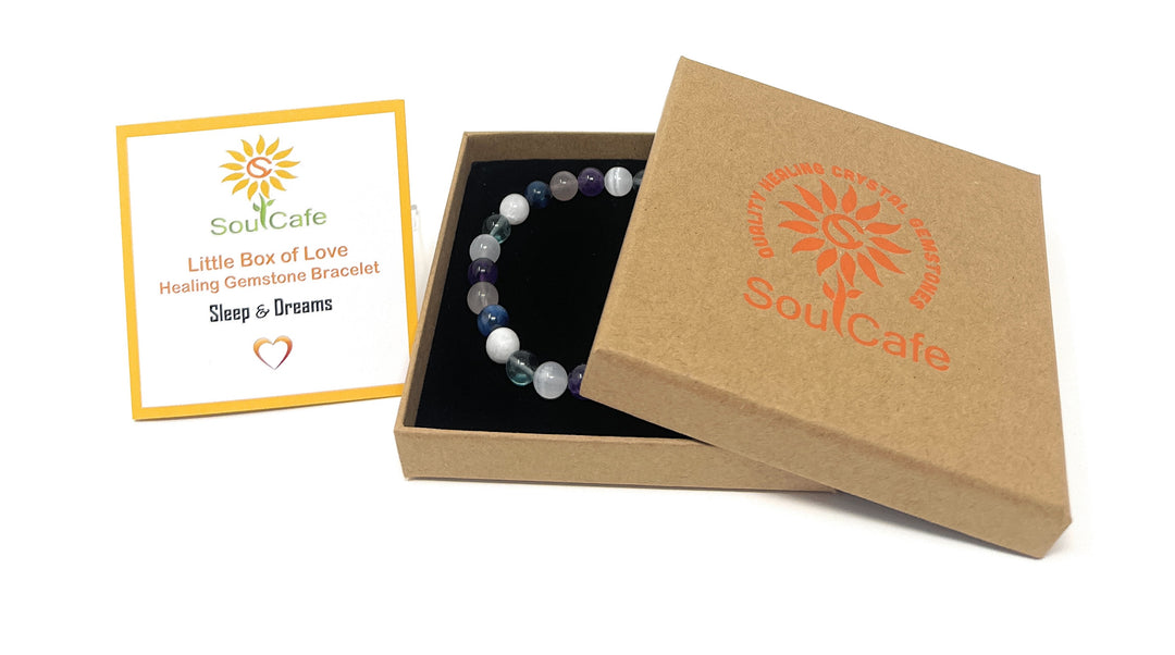 Crystal Gemstone Sleep and Dream Stretch Bead Bracelet - Soul Cafe Gift Box and Tag