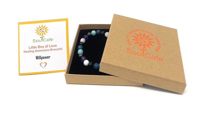 Quality Stretch Crystal Gemstone Bead Bracelet to Holistically Support Willpower - Soul Cafe Gift Box and Tag