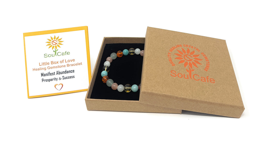 Prosperity Crystal Gemstone Stretch Bracelet to give Holistic Support Manifesting Abundance - Soul Cafe Gift Box & Information Tag