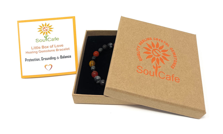 Protection Bracelet - Stretch Crystal Gemstone Bracelet - Soul Cafe Gift Box & Information Tag - Grounding Bracelet