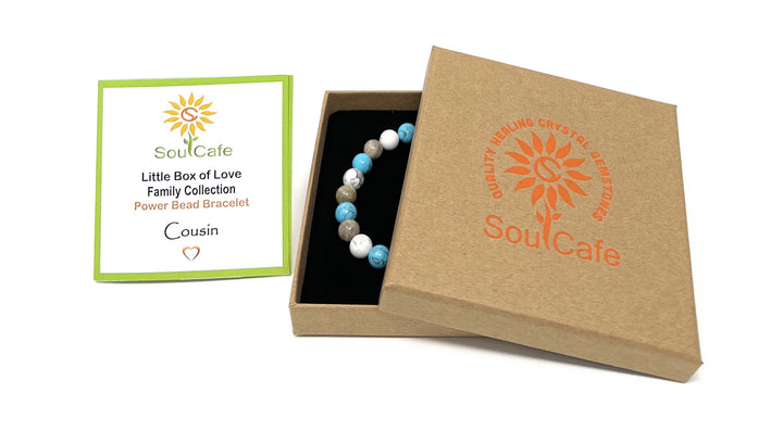 Gift for Cousin - Stretch Bead Crystal Gemstone Bracelet - Soul Cafe Gift Box & Tag